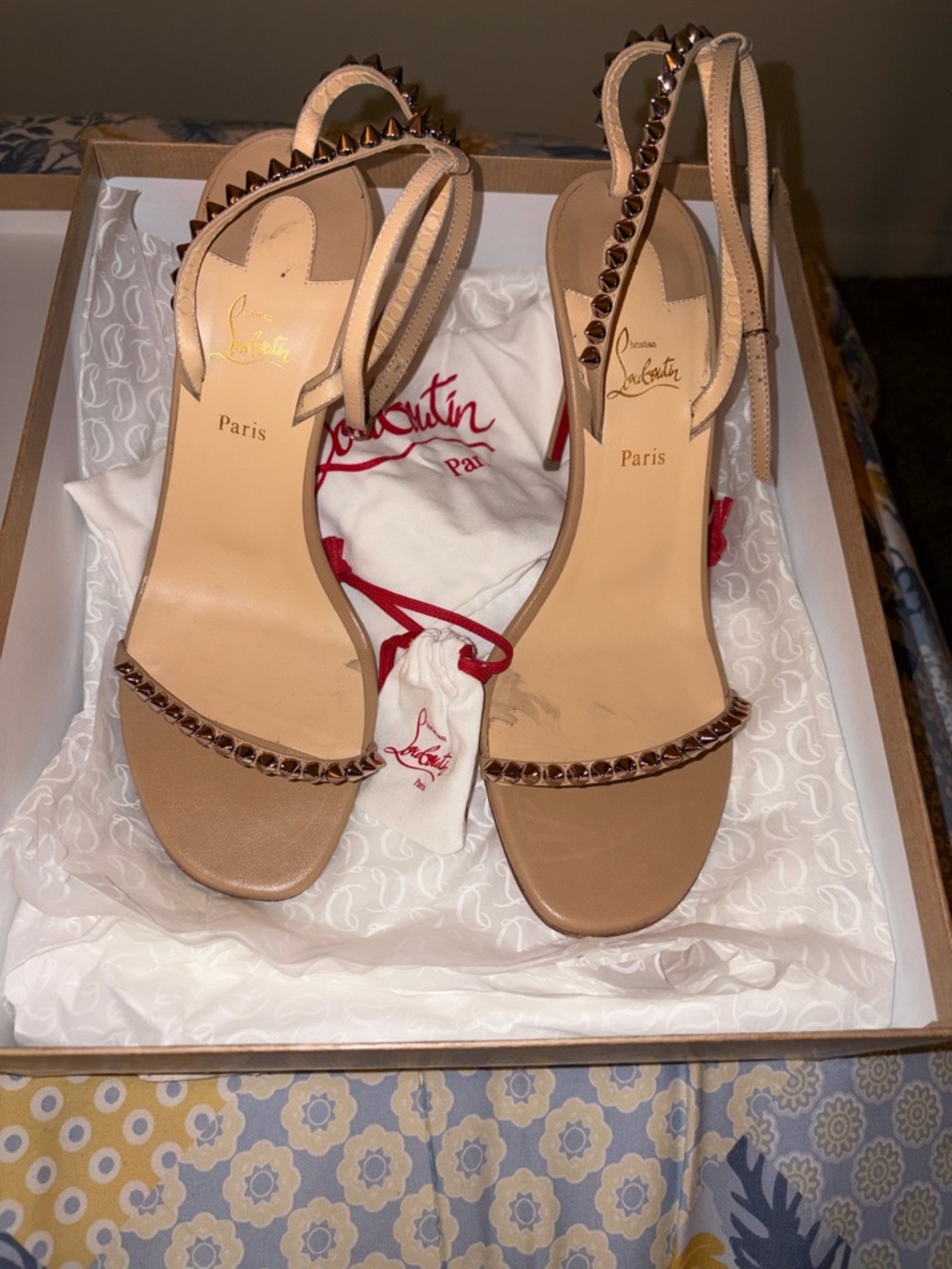 Christian Louboutin Beige Studded Leather Ankle-Strap Heels
